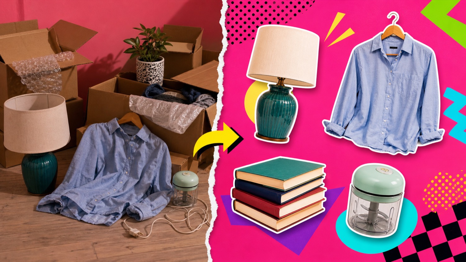 A messy room photo transformed into clean Once-style object images